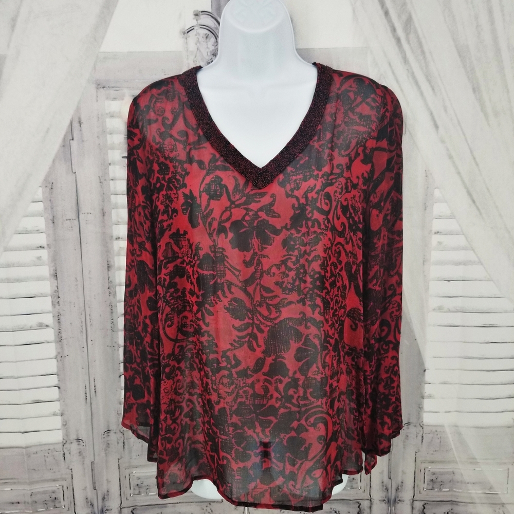 Chico's tunic top 0 small sheer red black Beaded